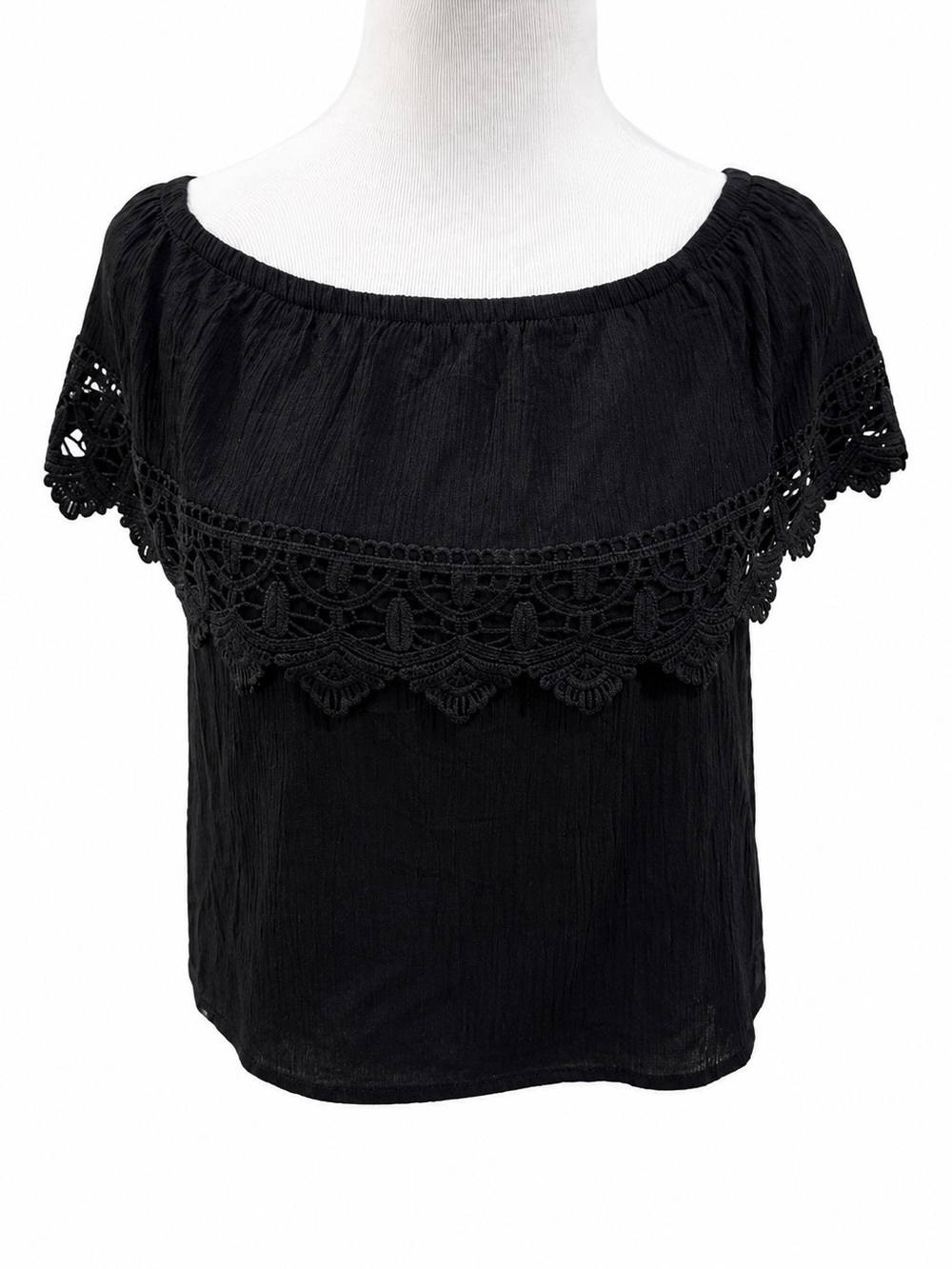 Black Off-Shoulder Top with Crochet Trim Size Small